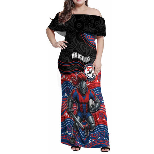 Custom Knights Family Matching Off Shoulder Maxi Dress and Hawaiian Shirt Warrior Mascot With Aboriginal Indigenous