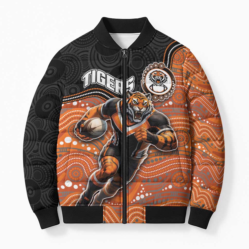 Custom Tigers Bomber Puffer Jacket Warrior Mascot With Aboriginal Indigenous
