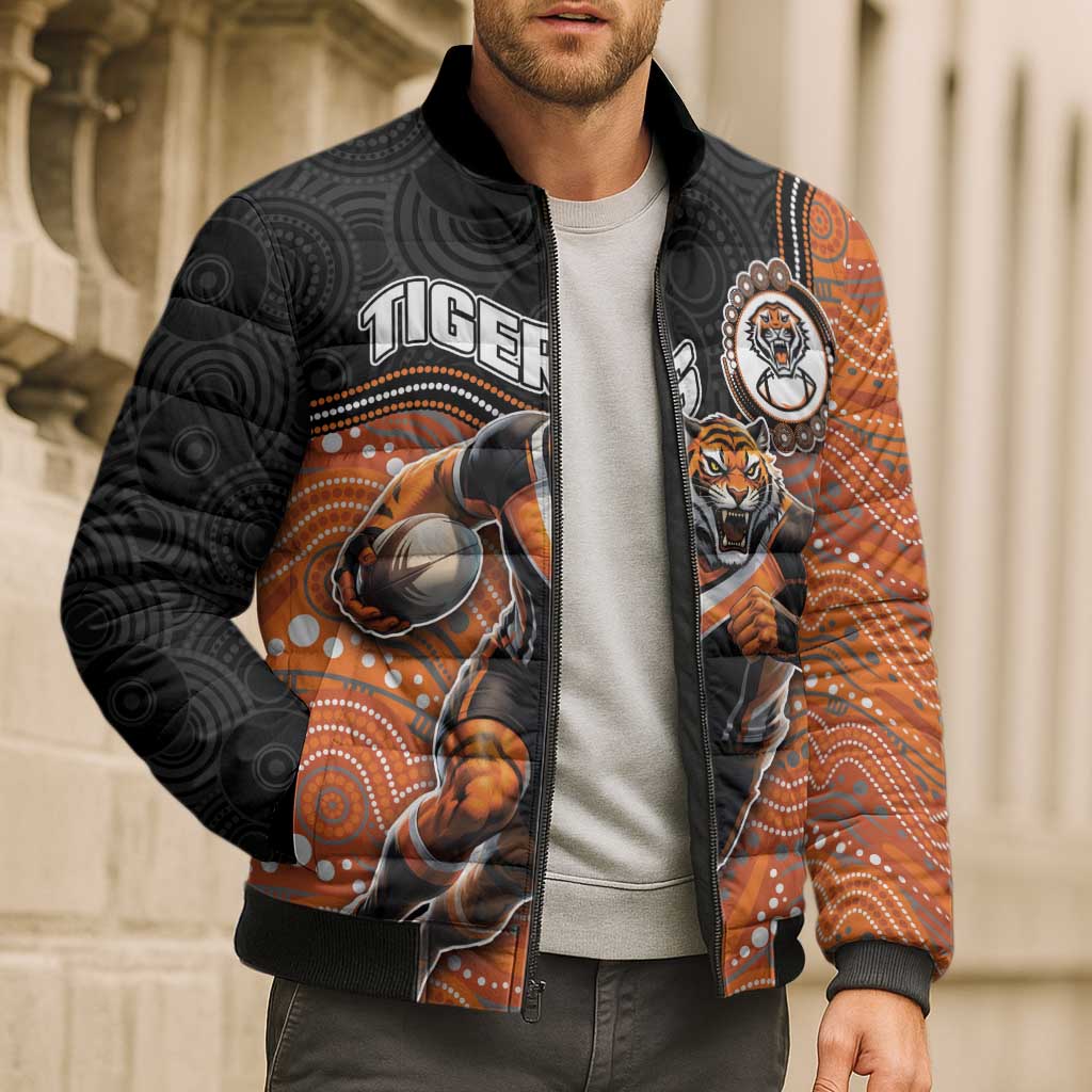 Custom Tigers Bomber Puffer Jacket Warrior Mascot With Aboriginal Indigenous