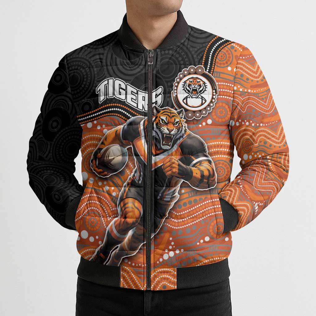 Custom Tigers Bomber Puffer Jacket Warrior Mascot With Aboriginal Indigenous