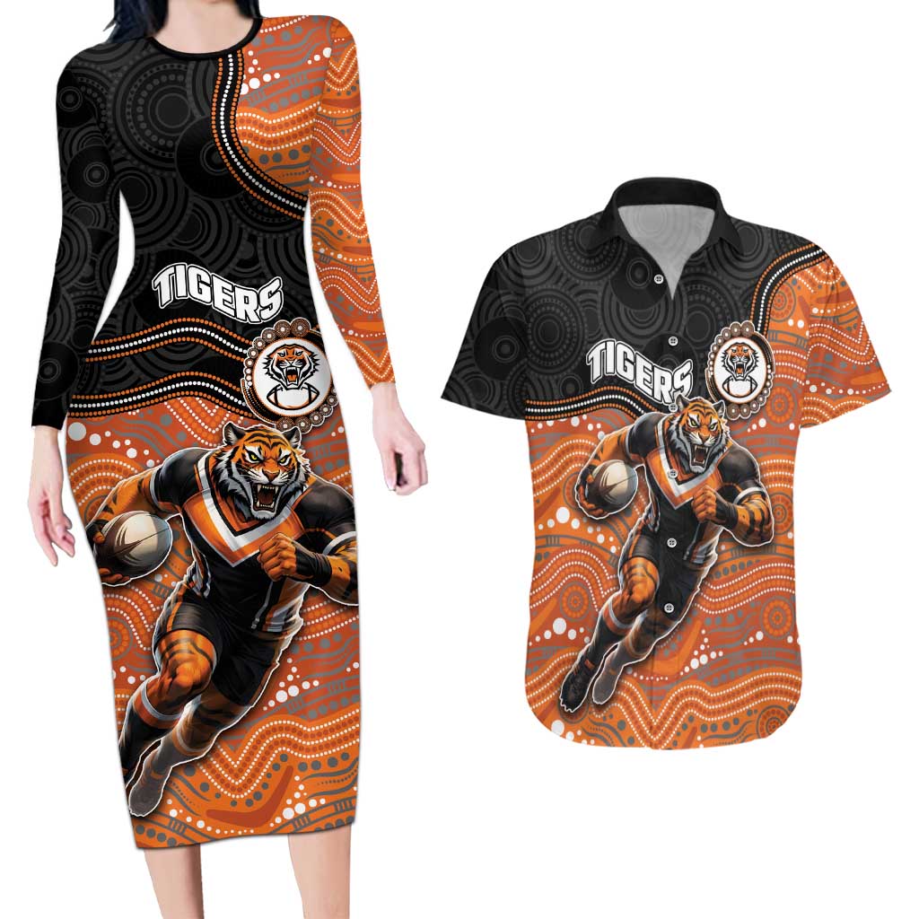 Custom Tigers Couples Matching Long Sleeve Bodycon Dress and Hawaiian Shirt Warrior Mascot With Aboriginal Indigenous