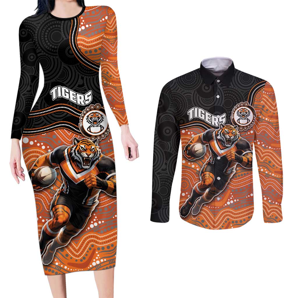 Custom Tigers Couples Matching Long Sleeve Bodycon Dress and Long Sleeve Button Shirt Warrior Mascot With Aboriginal Indigenous