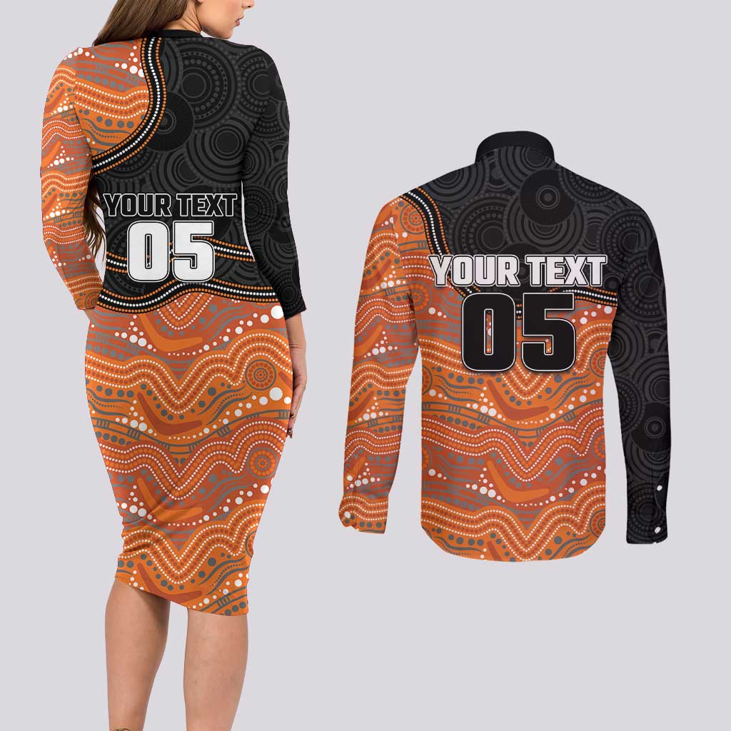 Custom Tigers Couples Matching Long Sleeve Bodycon Dress and Long Sleeve Button Shirt Warrior Mascot With Aboriginal Indigenous