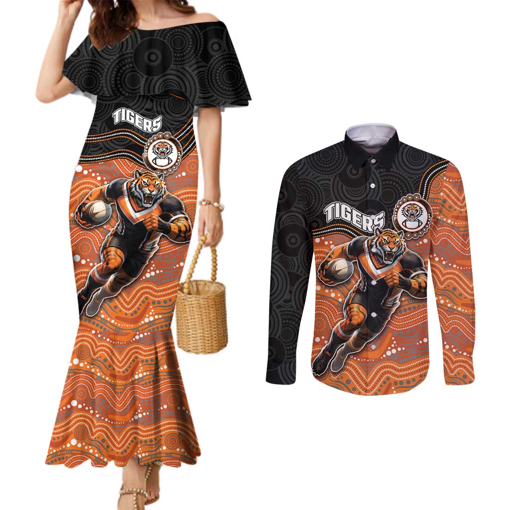 Custom Tigers Couples Matching Mermaid Dress and Long Sleeve Button Shirt Warrior Mascot With Aboriginal Indigenous