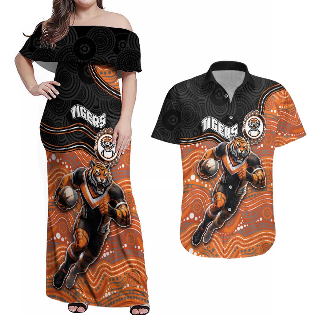Custom Tigers Couples Matching Off Shoulder Maxi Dress and Hawaiian Shirt Warrior Mascot With Aboriginal Indigenous