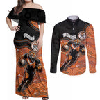 Custom Tigers Couples Matching Off Shoulder Maxi Dress and Long Sleeve Button Shirt Warrior Mascot With Aboriginal Indigenous