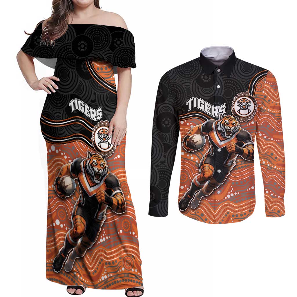 Custom Tigers Couples Matching Off Shoulder Maxi Dress and Long Sleeve Button Shirt Warrior Mascot With Aboriginal Indigenous