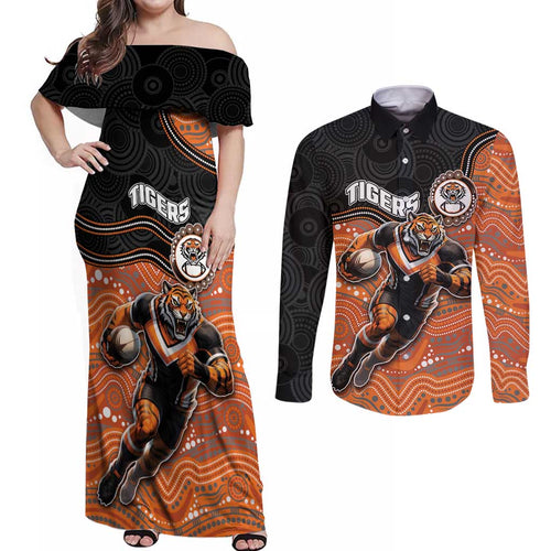 Custom Tigers Couples Matching Off Shoulder Maxi Dress and Long Sleeve Button Shirt Warrior Mascot With Aboriginal Indigenous