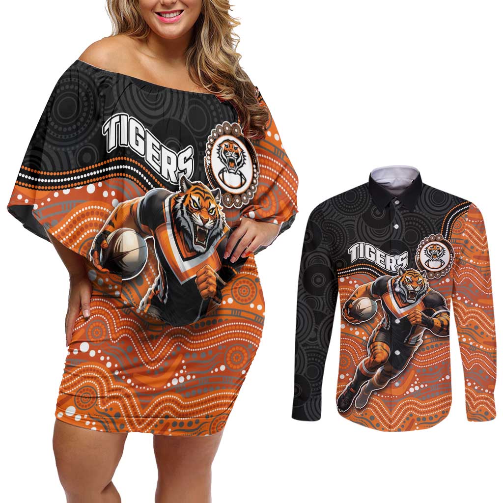 Custom Tigers Couples Matching Off Shoulder Short Dress and Long Sleeve Button Shirt Warrior Mascot With Aboriginal Indigenous