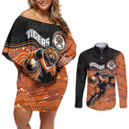 Custom Tigers Couples Matching Off Shoulder Short Dress and Long Sleeve Button Shirt Warrior Mascot With Aboriginal Indigenous