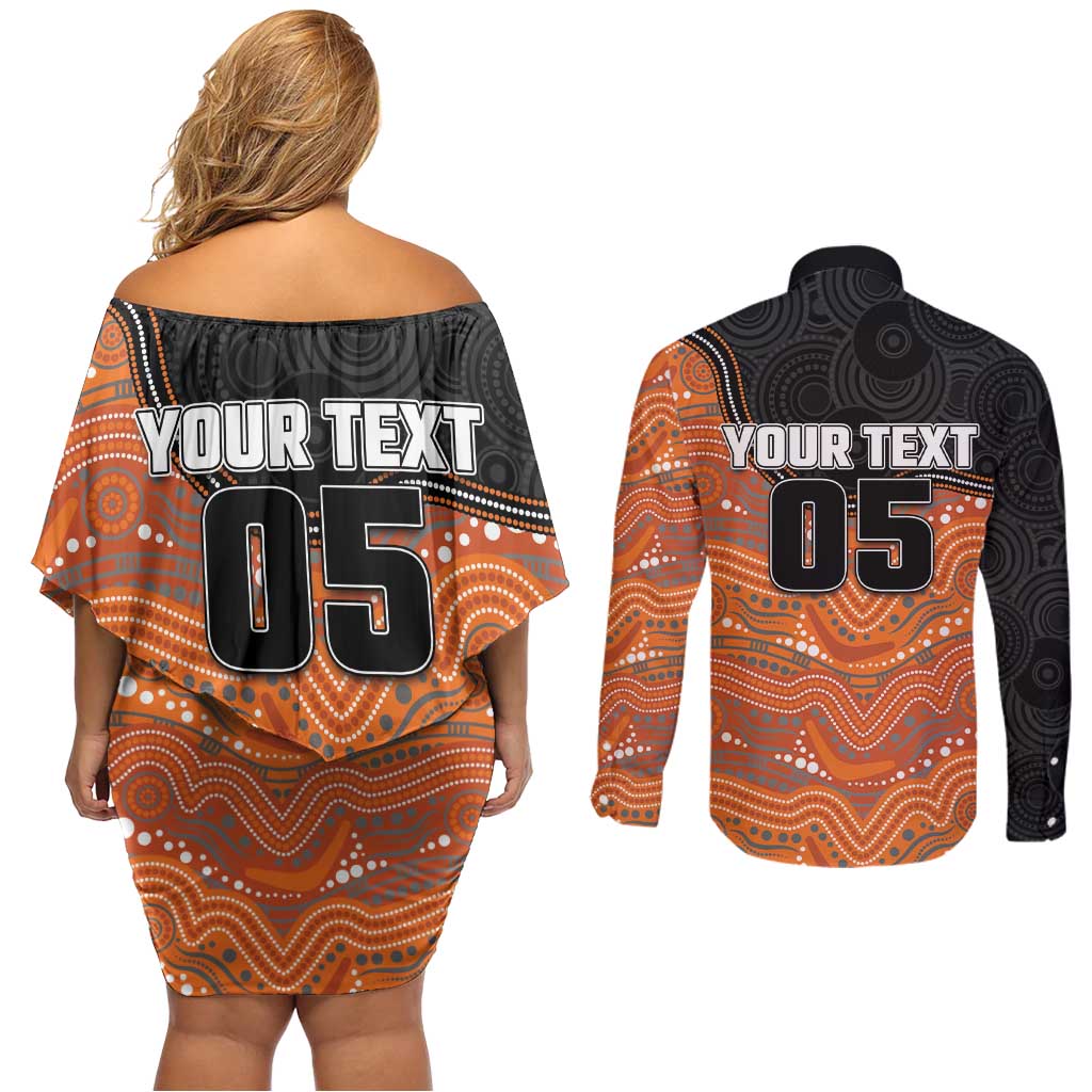 Custom Tigers Couples Matching Off Shoulder Short Dress and Long Sleeve Button Shirt Warrior Mascot With Aboriginal Indigenous