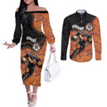 Custom Tigers Couples Matching Off The Shoulder Long Sleeve Dress and Long Sleeve Button Shirt Warrior Mascot With Aboriginal Indigenous