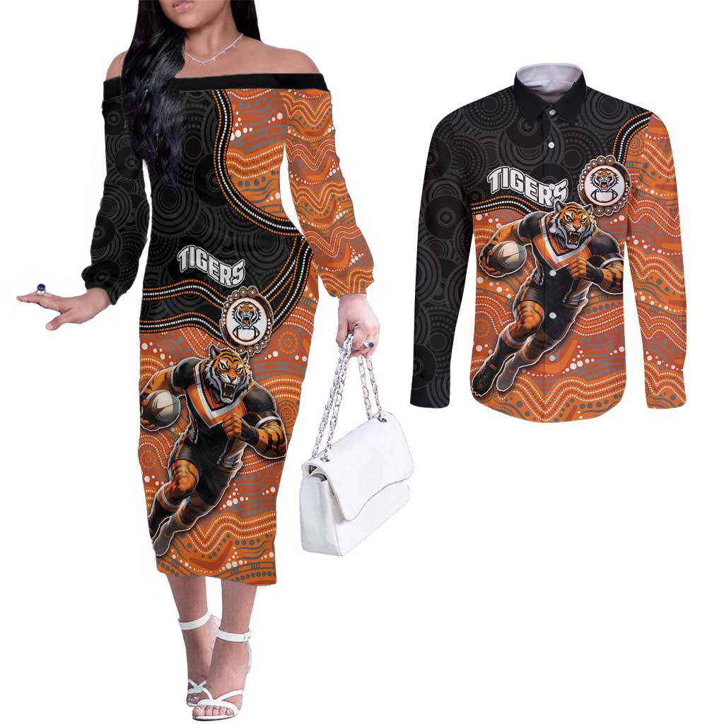 Custom Tigers Couples Matching Off The Shoulder Long Sleeve Dress and Long Sleeve Button Shirt Warrior Mascot With Aboriginal Indigenous