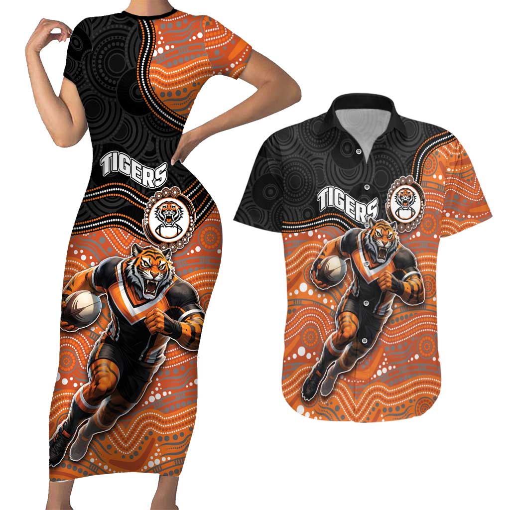 Custom Tigers Couples Matching Short Sleeve Bodycon Dress and Hawaiian Shirt Warrior Mascot With Aboriginal Indigenous