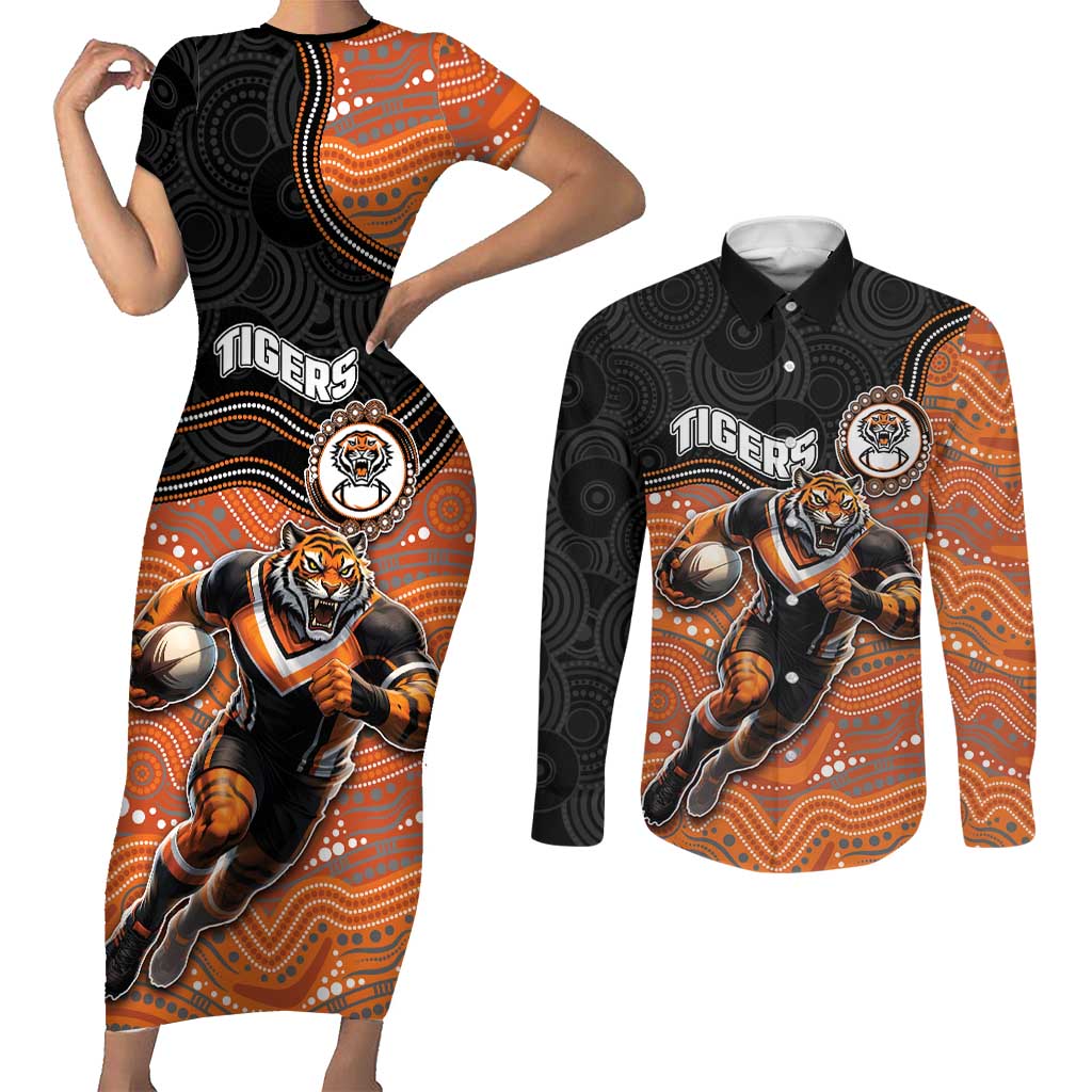 Custom Tigers Couples Matching Short Sleeve Bodycon Dress and Long Sleeve Button Shirt Warrior Mascot With Aboriginal Indigenous