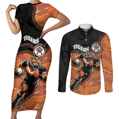 Custom Tigers Couples Matching Short Sleeve Bodycon Dress and Long Sleeve Button Shirt Warrior Mascot With Aboriginal Indigenous