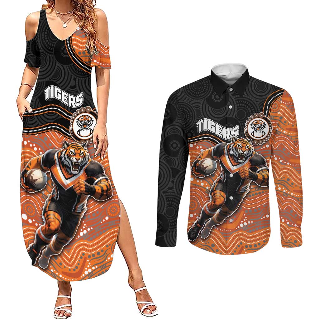 Custom Tigers Couples Matching Summer Maxi Dress and Long Sleeve Button Shirt Warrior Mascot With Aboriginal Indigenous