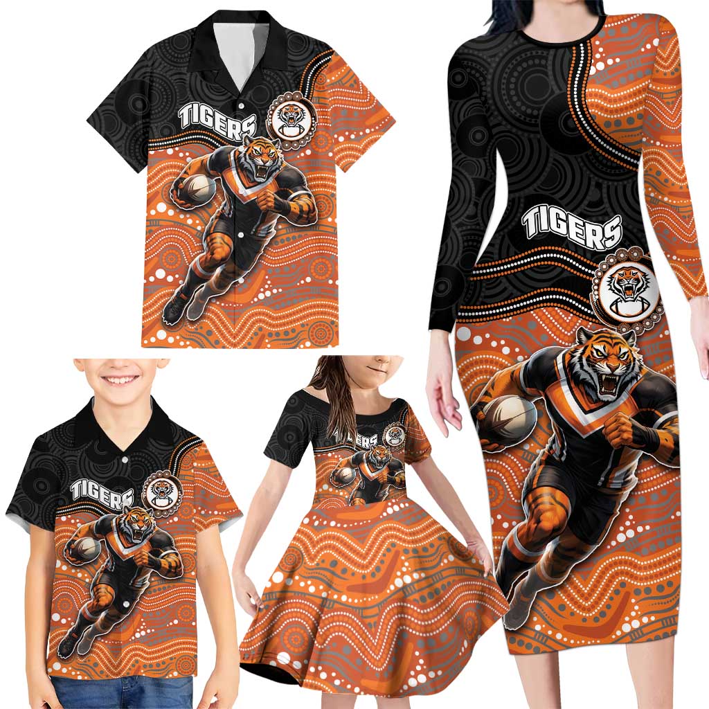 Custom Tigers Family Matching Long Sleeve Bodycon Dress and Hawaiian Shirt Warrior Mascot With Aboriginal Indigenous