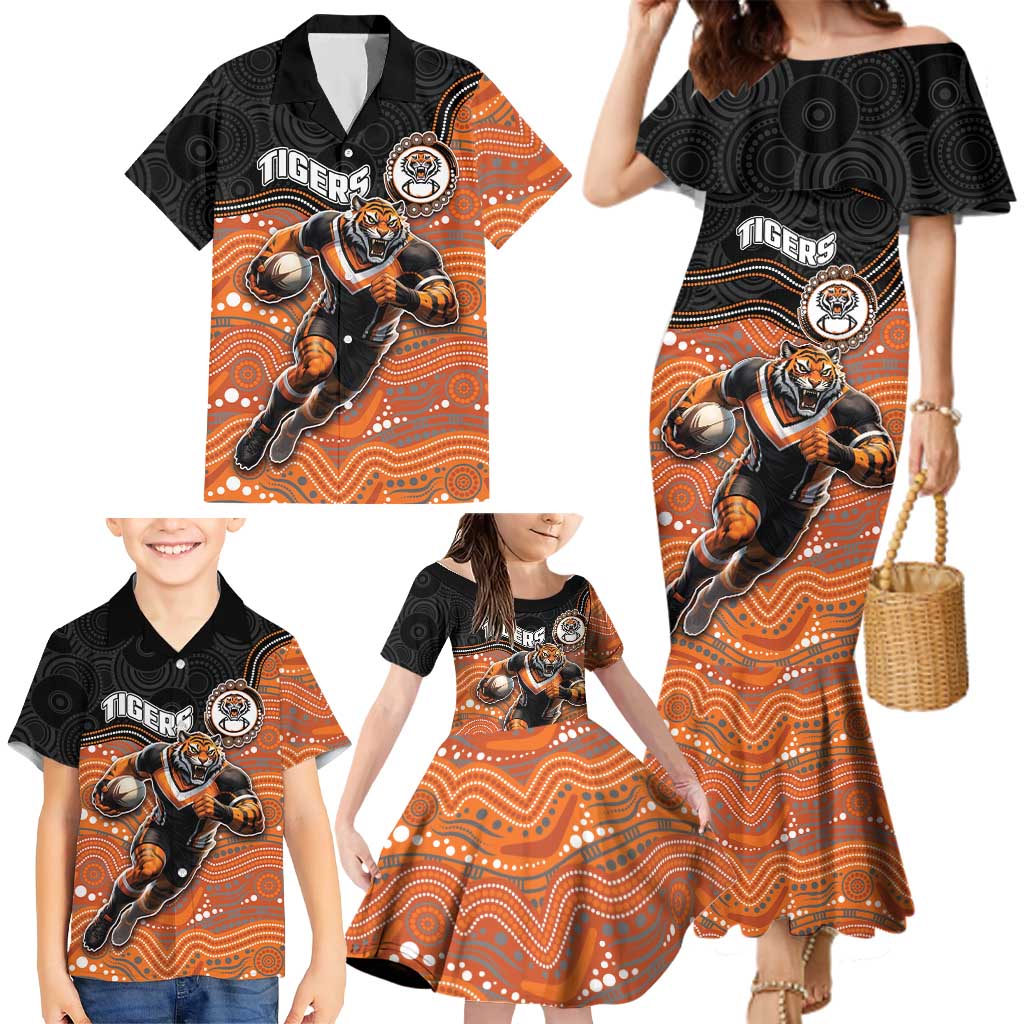 Custom Tigers Family Matching Mermaid Dress and Hawaiian Shirt Warrior Mascot With Aboriginal Indigenous