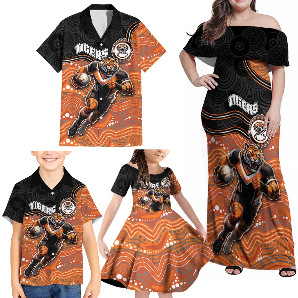 Custom Tigers Family Matching Off Shoulder Maxi Dress and Hawaiian Shirt Warrior Mascot With Aboriginal Indigenous