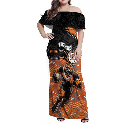 Custom Tigers Family Matching Off Shoulder Maxi Dress and Hawaiian Shirt Warrior Mascot With Aboriginal Indigenous