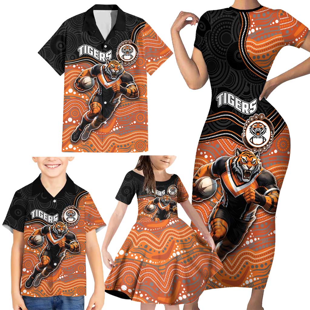 Custom Tigers Family Matching Short Sleeve Bodycon Dress and Hawaiian Shirt Warrior Mascot With Aboriginal Indigenous