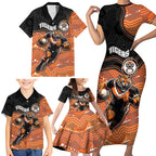 Custom Tigers Family Matching Short Sleeve Bodycon Dress and Hawaiian Shirt Warrior Mascot With Aboriginal Indigenous