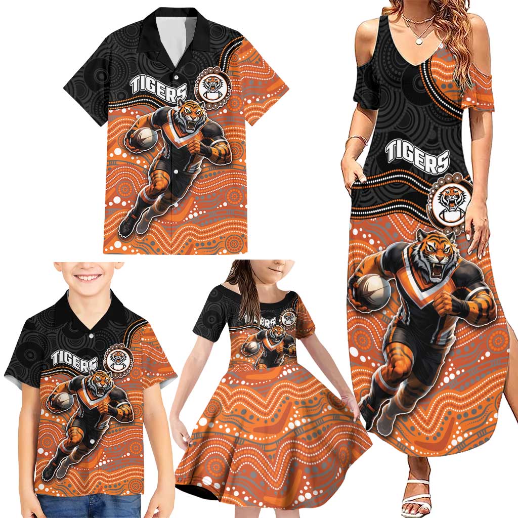Custom Tigers Family Matching Summer Maxi Dress and Hawaiian Shirt Warrior Mascot With Aboriginal Indigenous