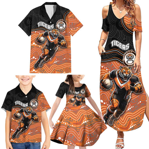 Custom Tigers Family Matching Summer Maxi Dress and Hawaiian Shirt Warrior Mascot With Aboriginal Indigenous