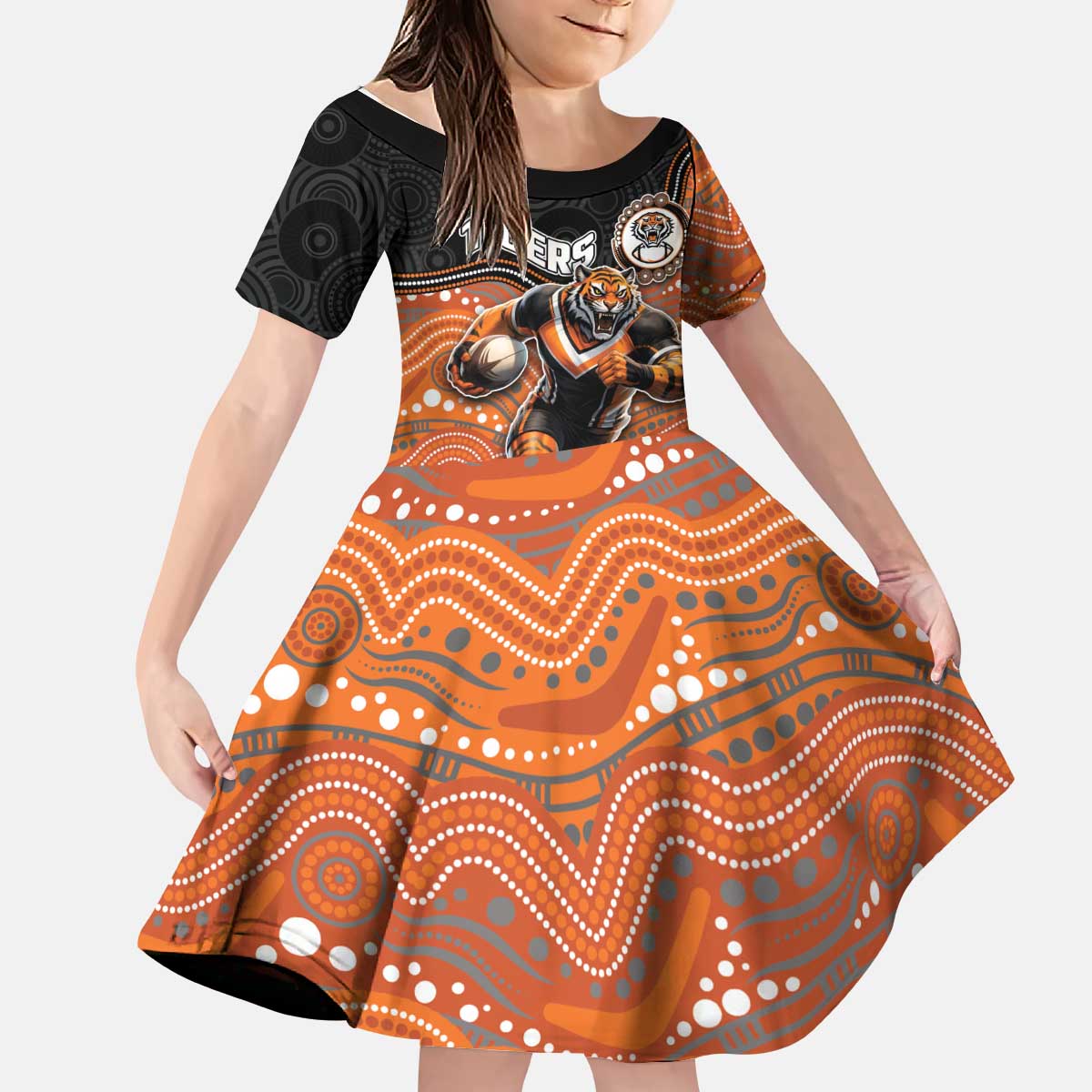 Custom Tigers Kid Short Sleeve Dress Warrior Mascot With Aboriginal Indigenous
