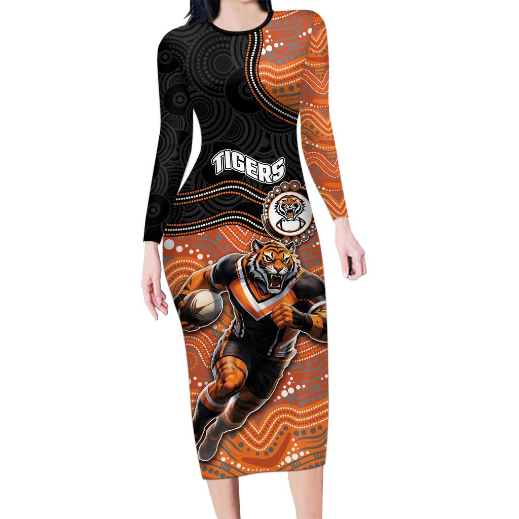 Custom Tigers Long Sleeve Bodycon Dress Warrior Mascot With Aboriginal Indigenous