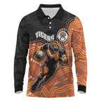 Custom Tigers Long Sleeve Polo Shirt Warrior Mascot With Aboriginal Indigenous