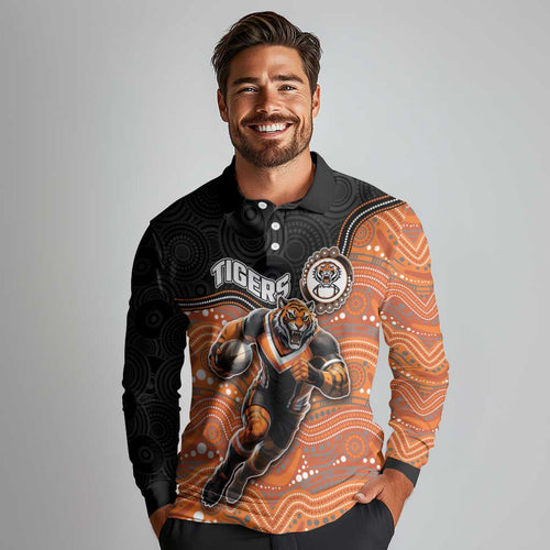 Custom Tigers Long Sleeve Polo Shirt Warrior Mascot With Aboriginal Indigenous