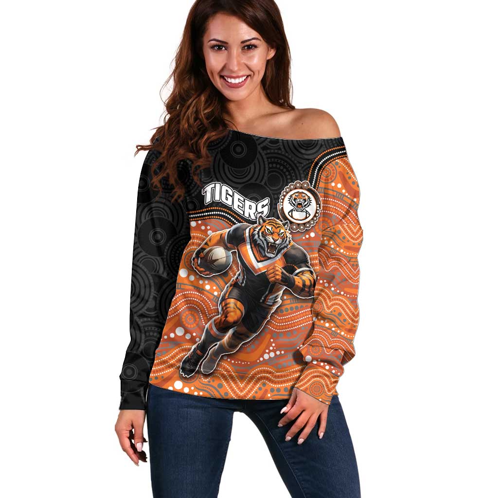 Custom Tigers Off Shoulder Sweater Warrior Mascot With Aboriginal Indigenous