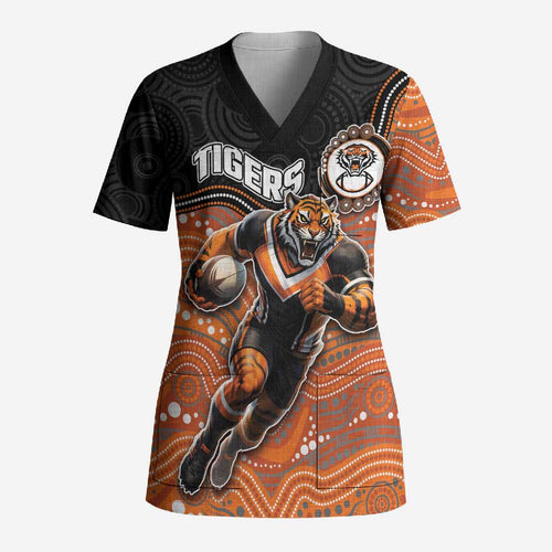 Custom Tigers Scrub Top Warrior Mascot With Aboriginal Indigenous