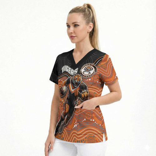 Custom Tigers Scrub Top Warrior Mascot With Aboriginal Indigenous