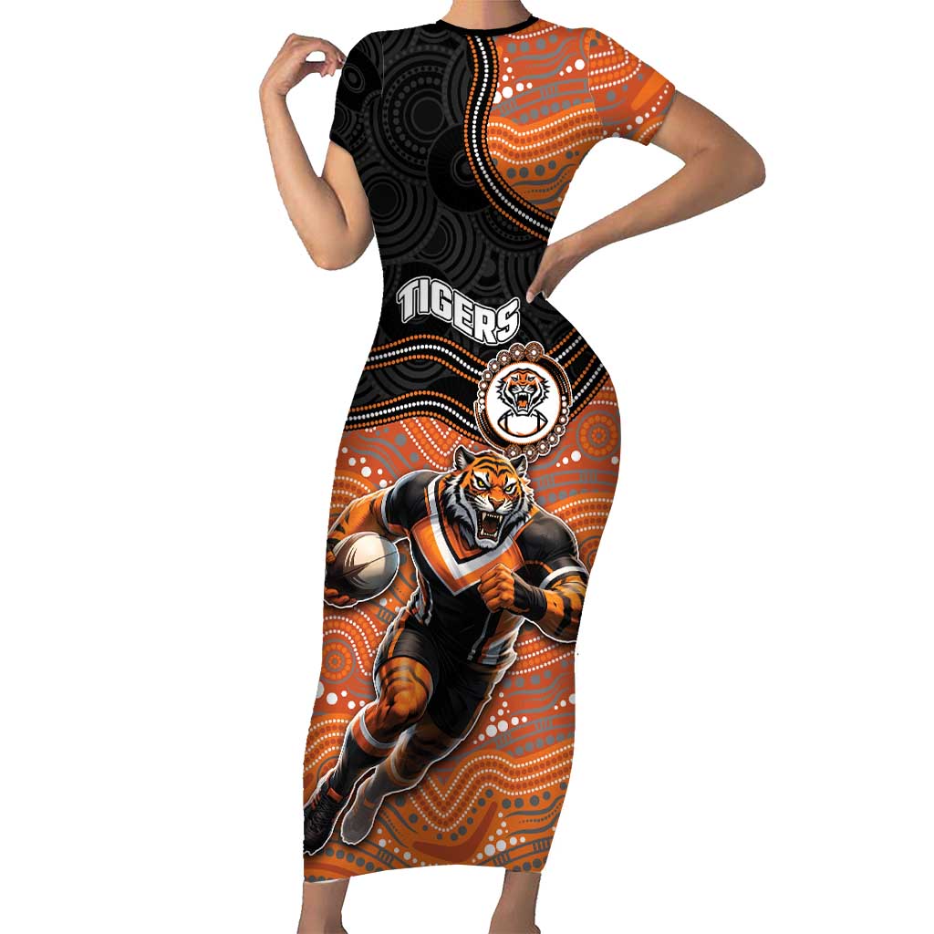 Custom Tigers Short Sleeve Bodycon Dress Warrior Mascot With Aboriginal Indigenous