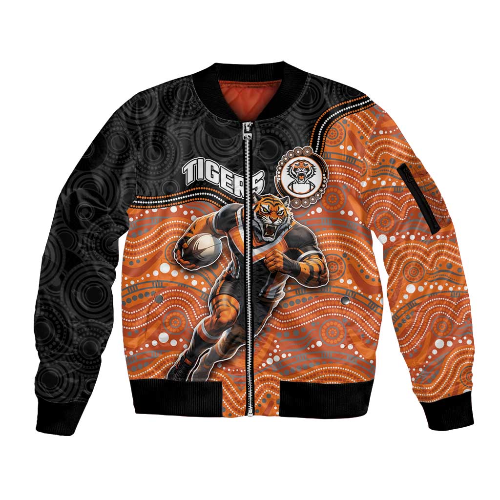 Custom Tigers Sleeve Zip Bomber Jacket Warrior Mascot With Aboriginal Indigenous