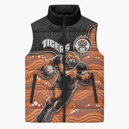 Custom Tigers Sleeveless Puffer Jacket Warrior Mascot With Aboriginal Indigenous