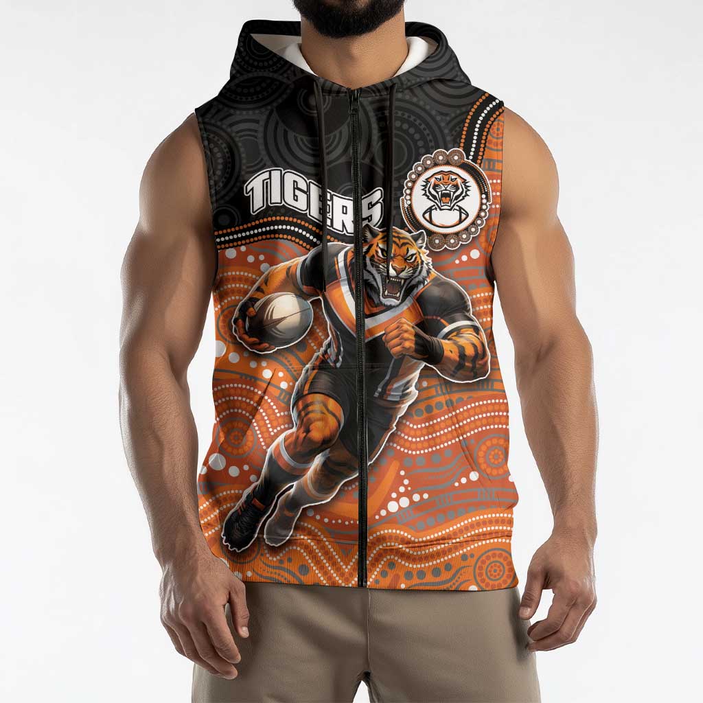 Custom Tigers Sleeveless Zip Hoodie Warrior Mascot With Aboriginal Indigenous