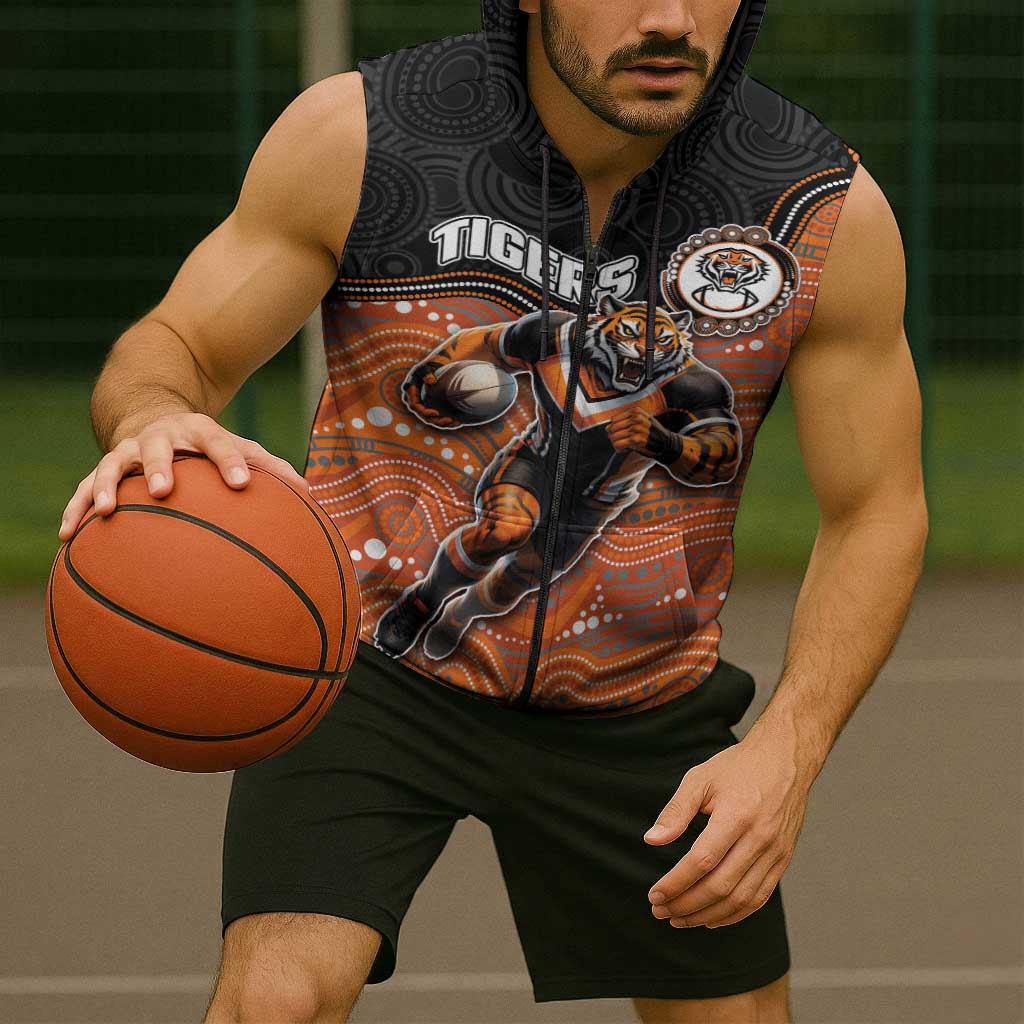 Custom Tigers Sleeveless Zip Hoodie Warrior Mascot With Aboriginal Indigenous
