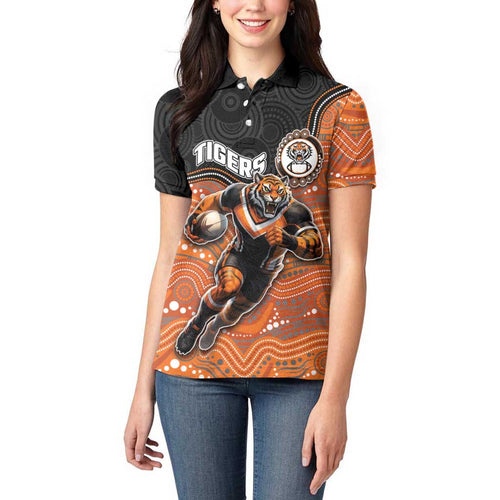 Custom Tigers Women Polo Shirt Warrior Mascot With Aboriginal Indigenous