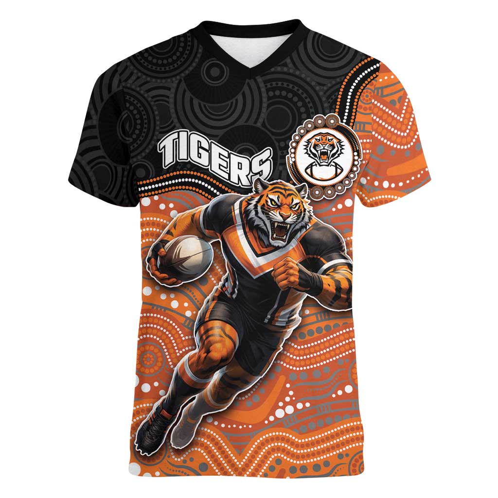 Custom Tigers Women V-Neck T-Shirt Warrior Mascot With Aboriginal Indigenous
