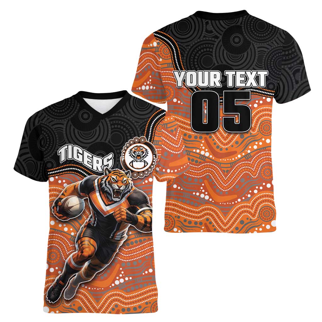 Custom Tigers Women V-Neck T-Shirt Warrior Mascot With Aboriginal Indigenous
