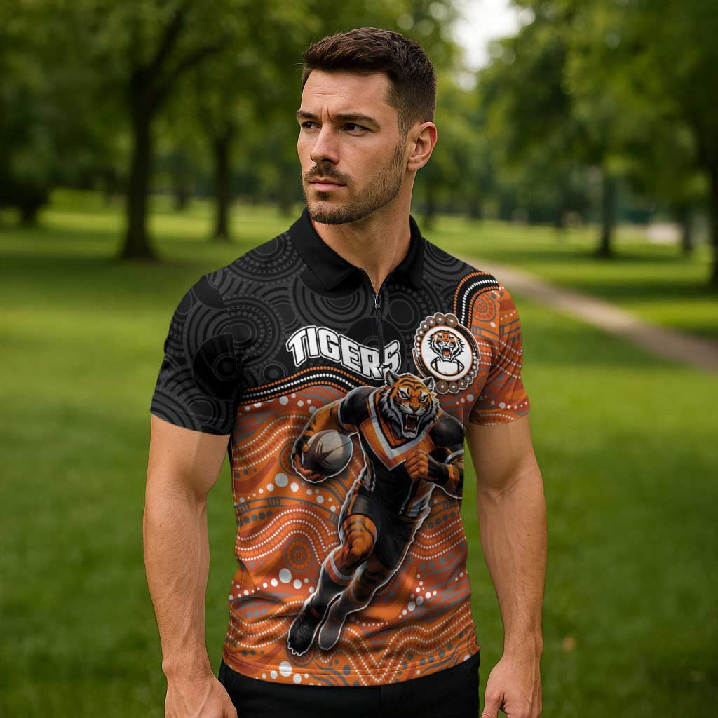 Custom Tigers Zipper Polo Shirt Warrior Mascot With Aboriginal Indigenous