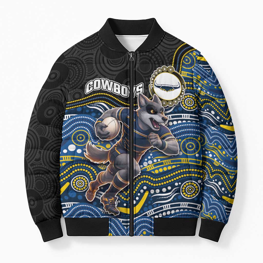 Custom Cowboys Bomber Puffer Jacket Cattle Dog Mascot With Aboriginal Indigenous