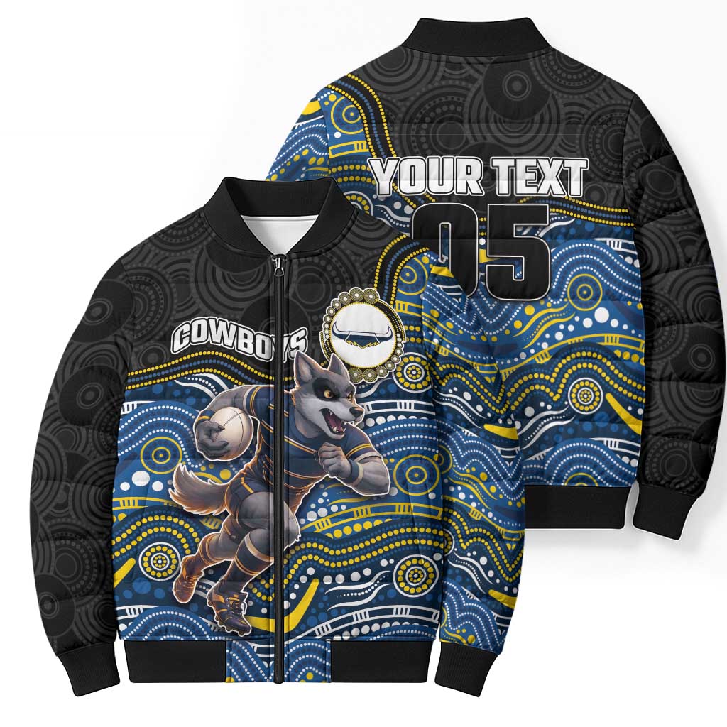 Custom Cowboys Bomber Puffer Jacket Cattle Dog Mascot With Aboriginal Indigenous