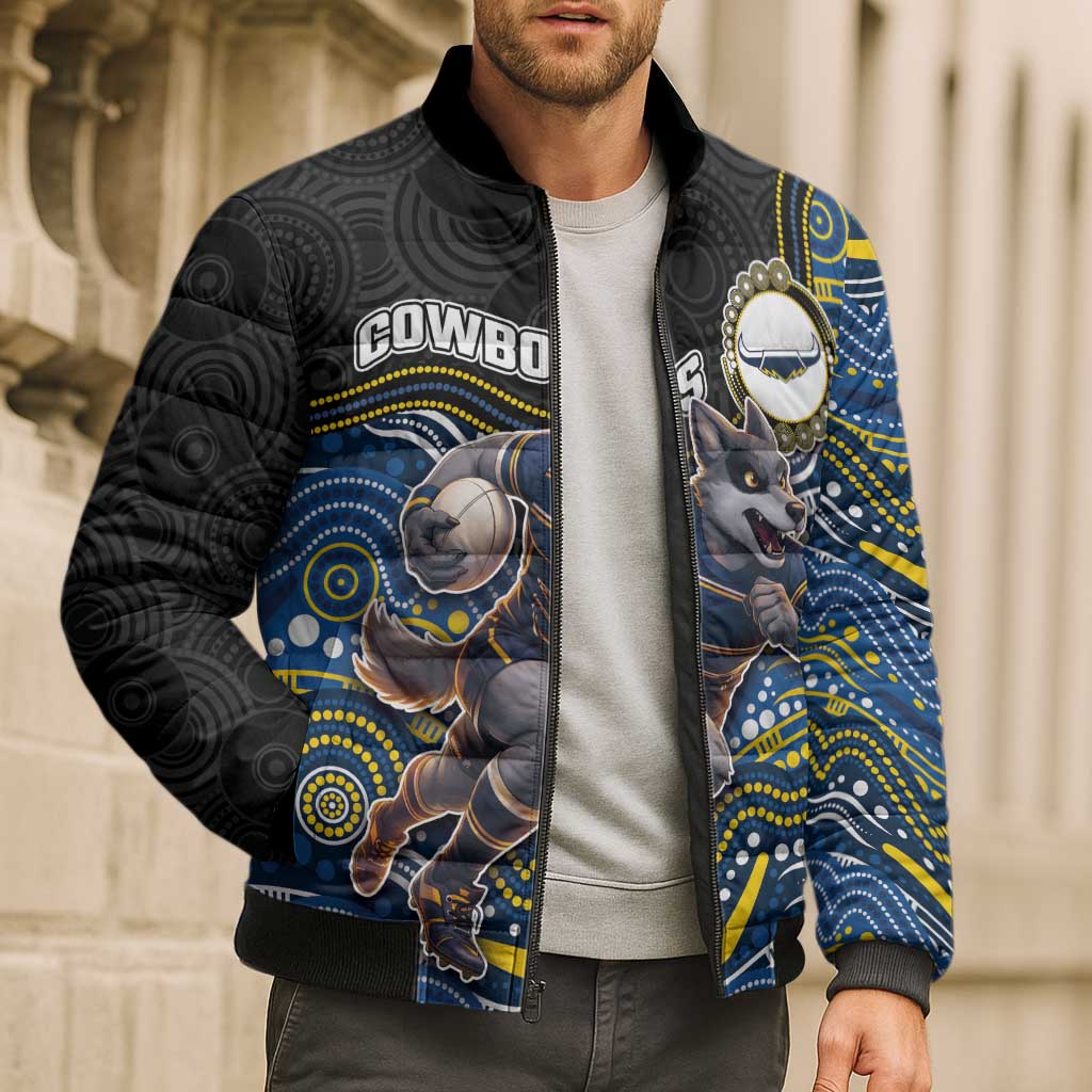 Custom Cowboys Bomber Puffer Jacket Cattle Dog Mascot With Aboriginal Indigenous