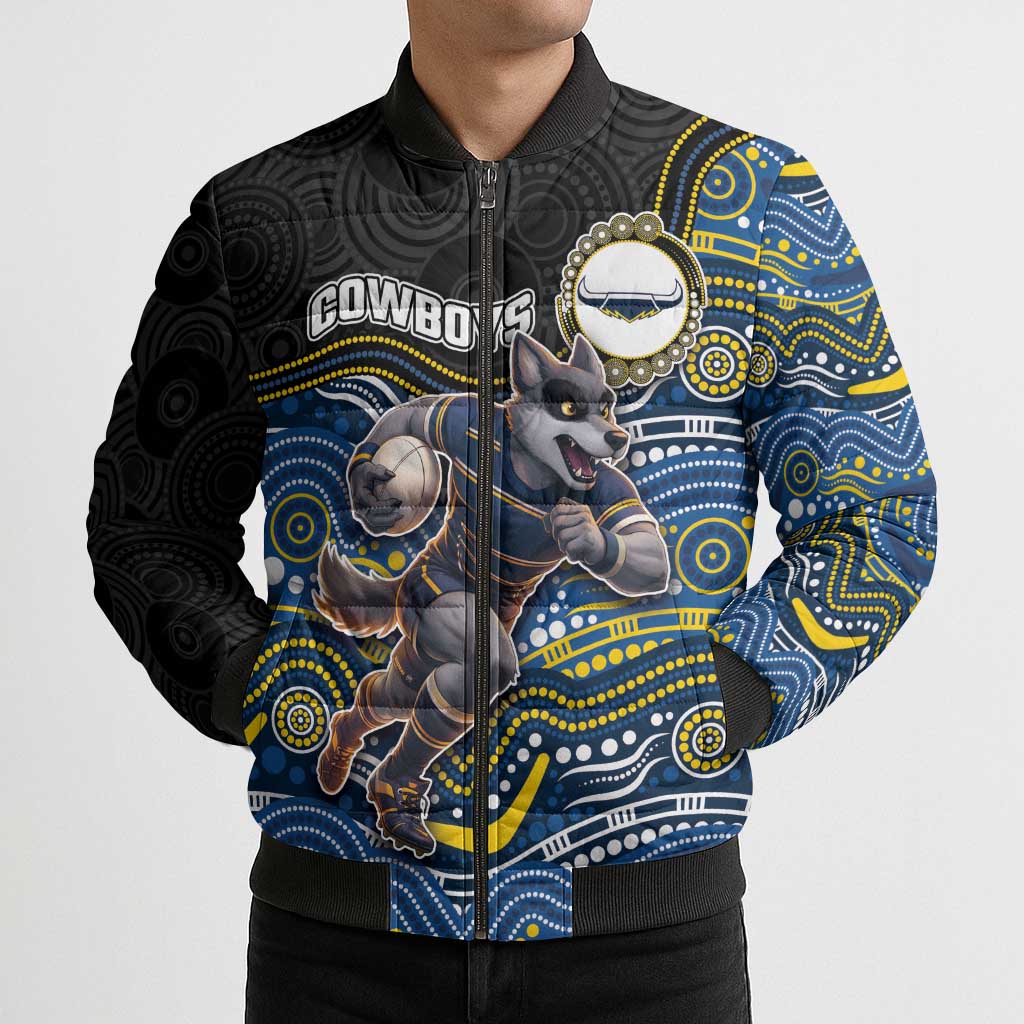 Custom Cowboys Bomber Puffer Jacket Cattle Dog Mascot With Aboriginal Indigenous
