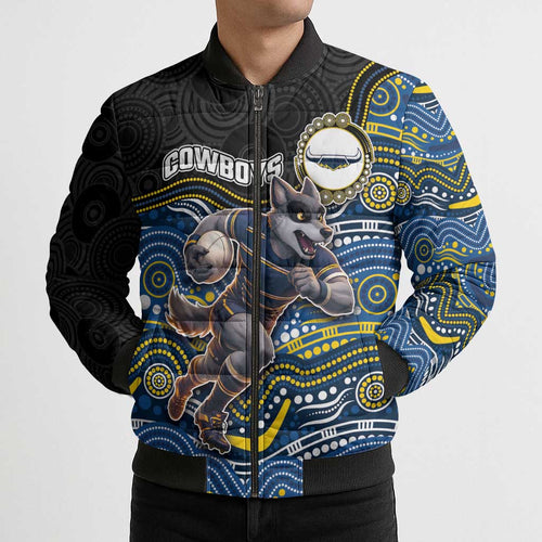 Custom Cowboys Bomber Puffer Jacket Cattle Dog Mascot With Aboriginal Indigenous